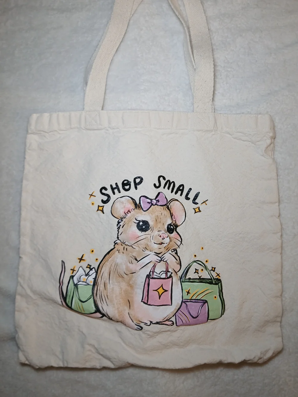 Canvas Tote Bag with Cute Hamster 'Shop Small' Print - Pink & Green